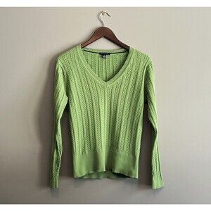 Tommy Hilfiger Womens Large Green Cable Knit V-Neck Golf Sweater Cotton Pullover